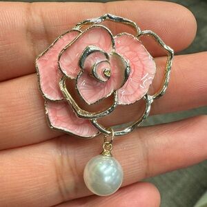 Pink Rose Brooch with Pearl Drop